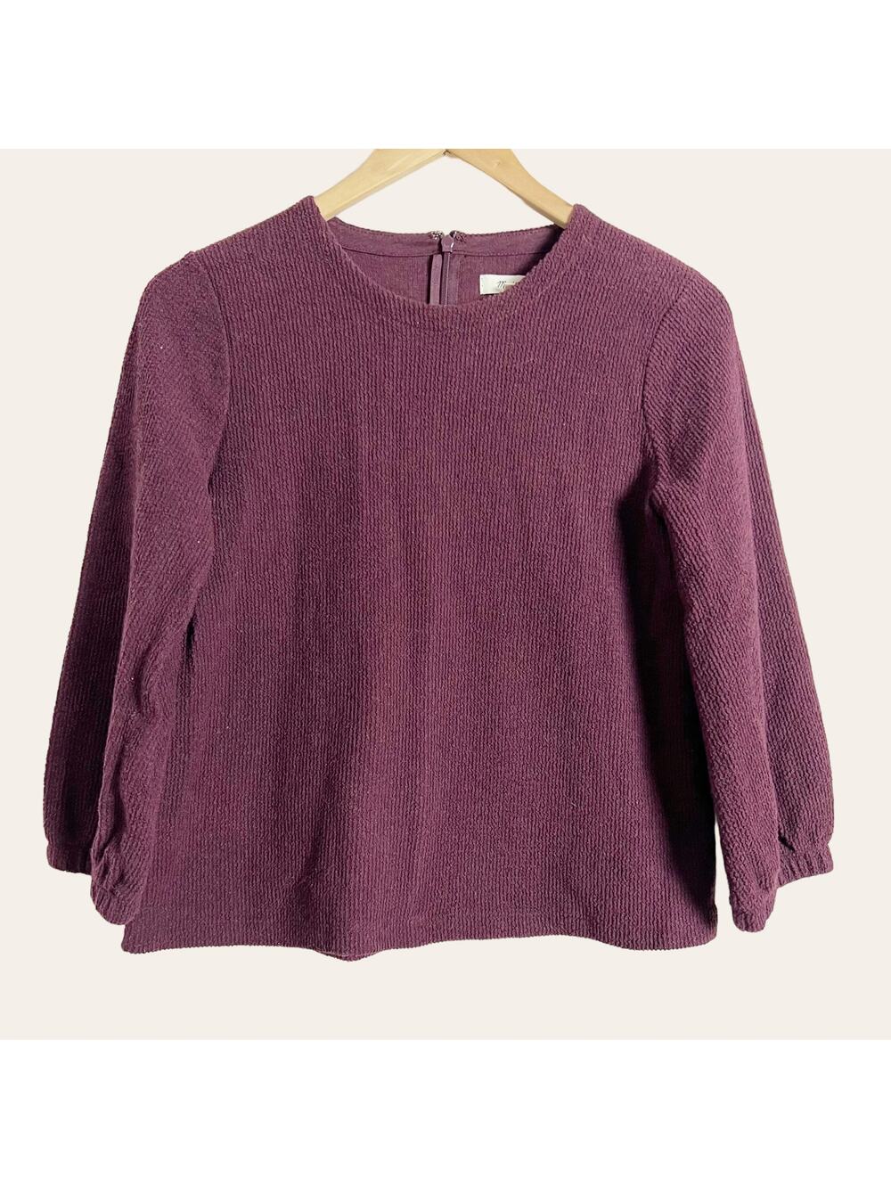 Madewell Plum Purple Crewneck Ribbed Textured 3/4 Sleeve Shirt Size XS New
